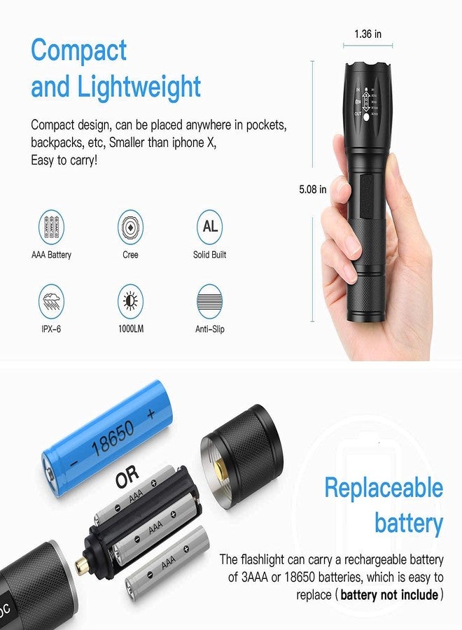 JAMUNESH مصباح يدوي قابل لإعادة الشحن من جامونيش، 5 أوضاع إضاءة فائقة السطوع بتقنية Cree LED، مقاوم للماء، طاقة عالية مع تركيز قابل للتعديل ومجموعة إعادة شحن للطوارئ (أسود) - Image 4